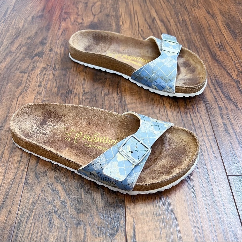 Birkenstock • Papillio Madrid Birko-Flor sandals slides blue argyle plaid